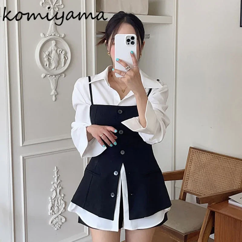 Komiyama Turn Down Collar Blusas Mujer Long Sleeve Shirts Blouses Single Breasted Camisas Korean Simple Shirt Tops with Vest