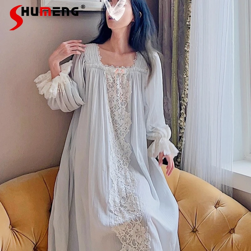 

Весенние и осенние пижамы для женщин, марлевые кружевные пижамы из чистого хлопка, домашняя одежда, женские пижамы принцессы в японском стиле