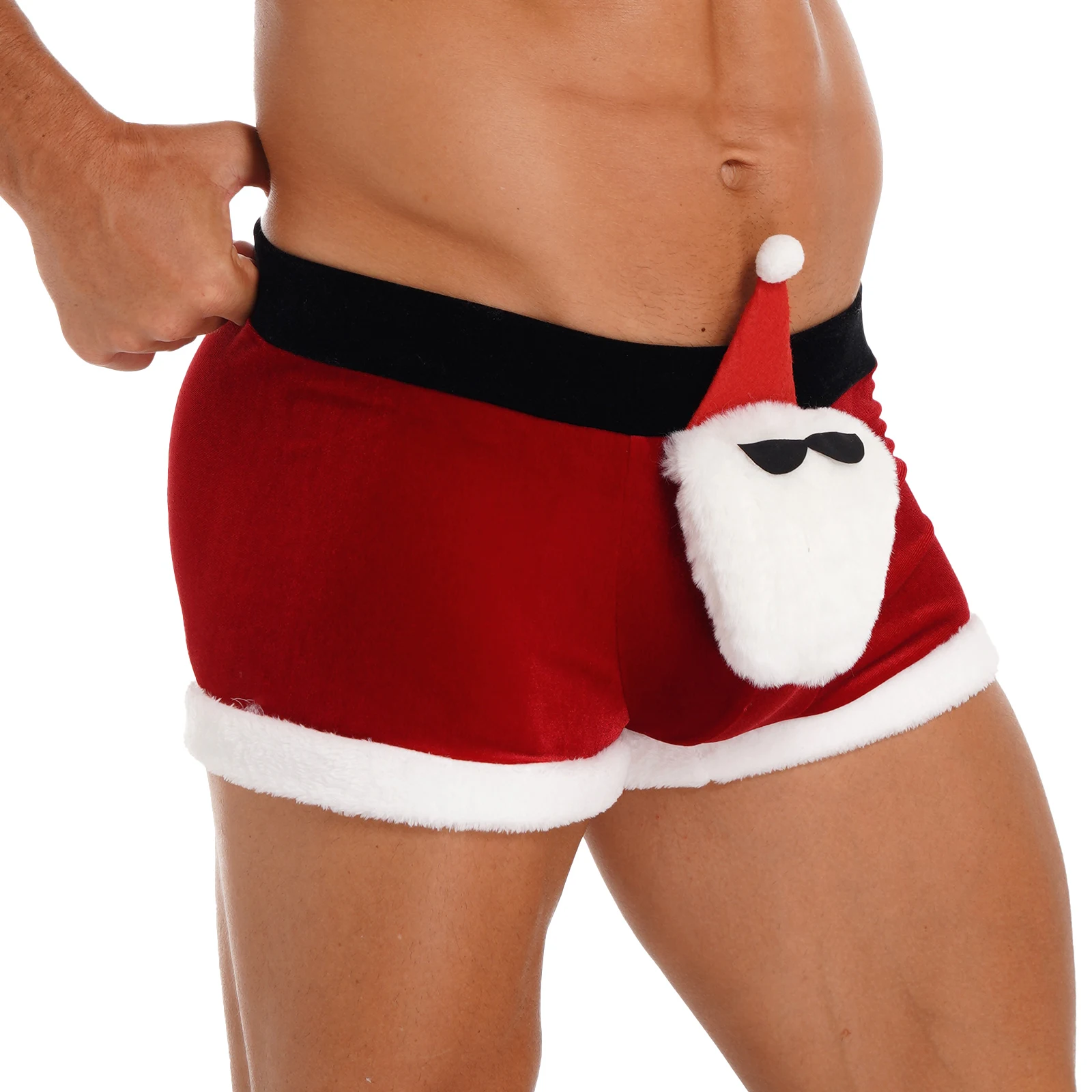 Boxer pour hommes, Costume de noël, nouvel an, fête, short, taille basse, garniture en flanelle, bas en velours avec poupée duveteuse, père noël