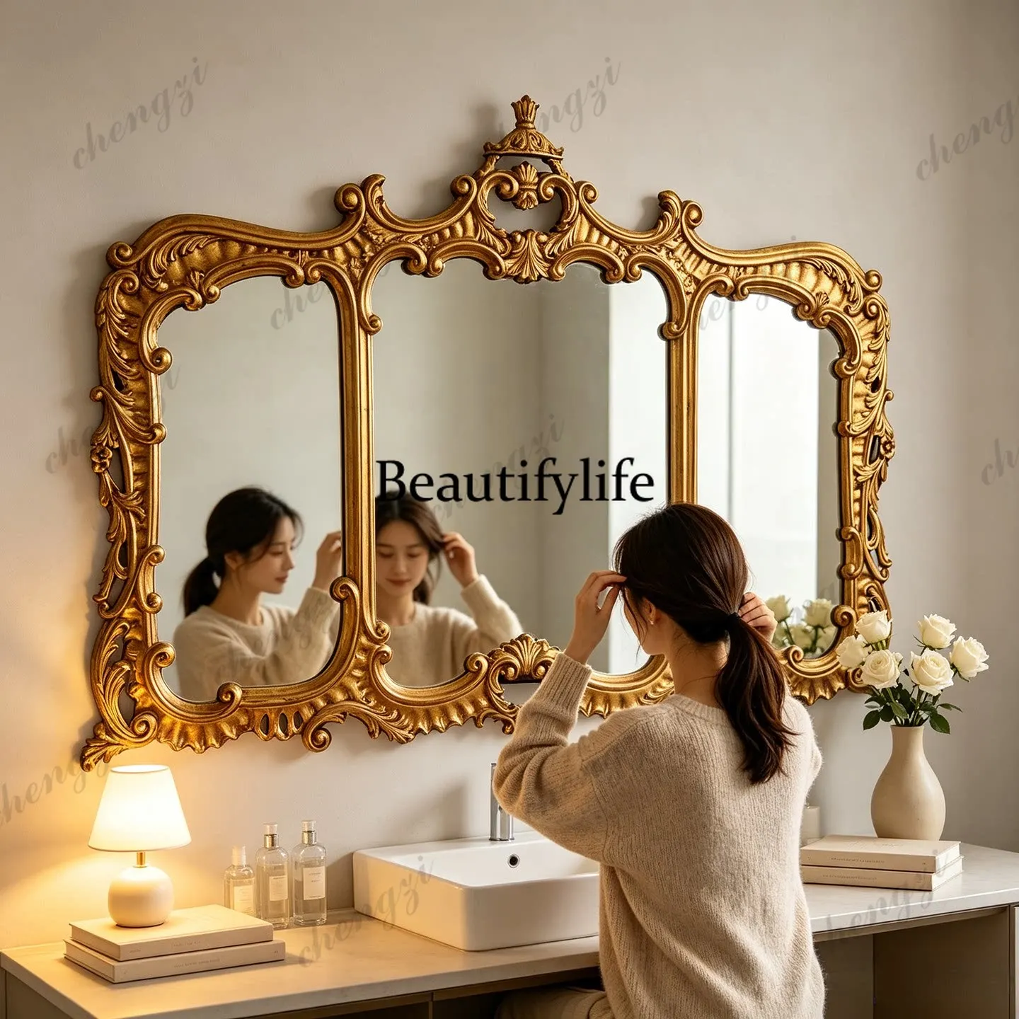 French retro three-sided bathroom mirror American living room porch fireplace decorative mirror European style