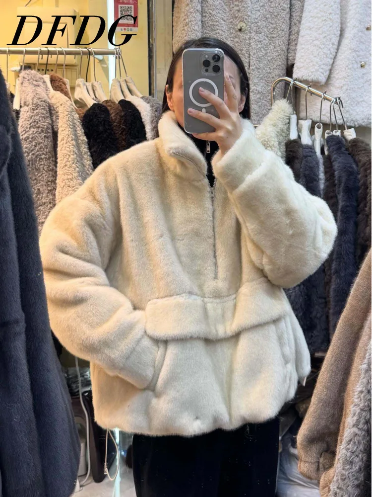 

DFDG Women's 2025 Vintage Faux Mink Sweatshirt Fall Winter Half Zip Pullover Stand Oversized Warm Fur Jacket Casual Sporty Coat