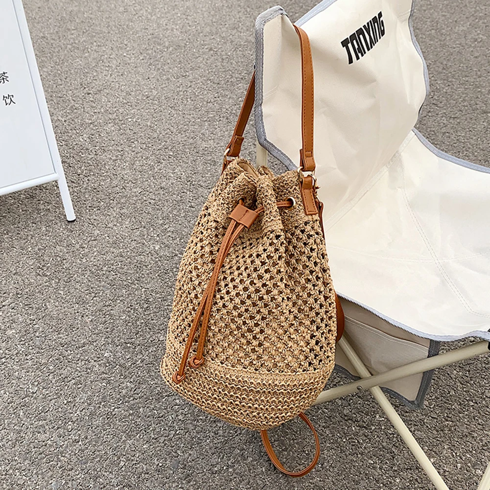 2024 Summer Straw Woven Beach Bag Rattan Ladies Purses Handbag Wrist Pack Women Handle Female Bucket Tote Bags Knit Travel Bags