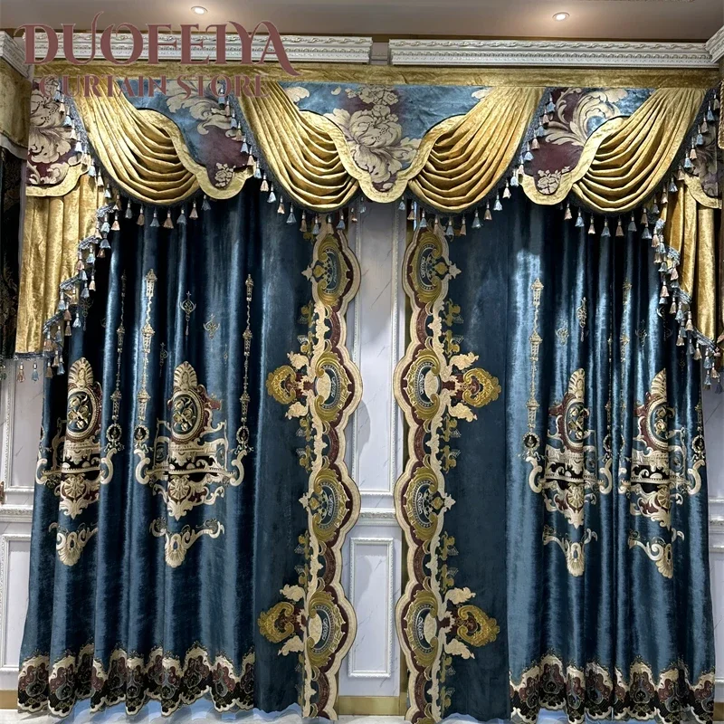 Embroidered Velvet Curtains For Bedroom Kitchen Hotel Top Luxury Villa Curtains For Living Room Blue High-quality Custom Valance