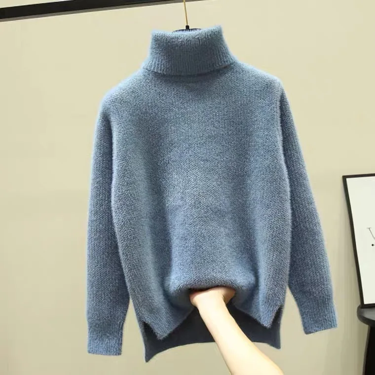 Winter Turtleneck Thicken Sweater Women Casual Warm Plush Lining Knit Tops Add Velvet Bottomed Blue Pullover 2025