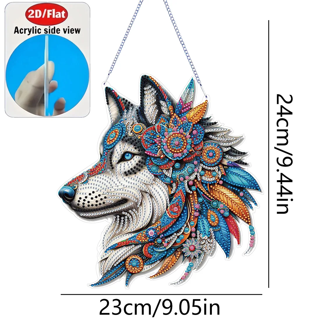 2D Flat Fantasy Color Wolf Soul Acrylic Diamond Art Hanging Set - DIY Crystal Inlay Irregular Shape, Color Box, Holiday Gift view 3