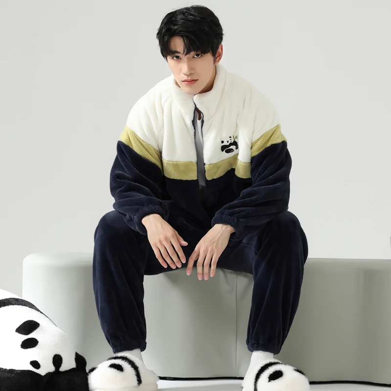 Stand-Up Collar Tops + Pants 2PC Winter Fall Velvet Zipper Cardigan Suit Warm Men Pajama Set Animal Panda Sleepwear Male Pijamas