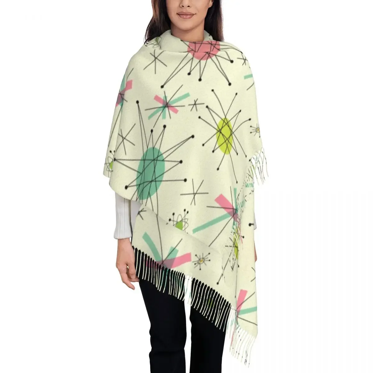 Stylish Vintage Eames Era Atomic Abstract Geometric Tassel Scarf Women Winter Warm Shawl Wrap Female Mid Century Modern Scarves