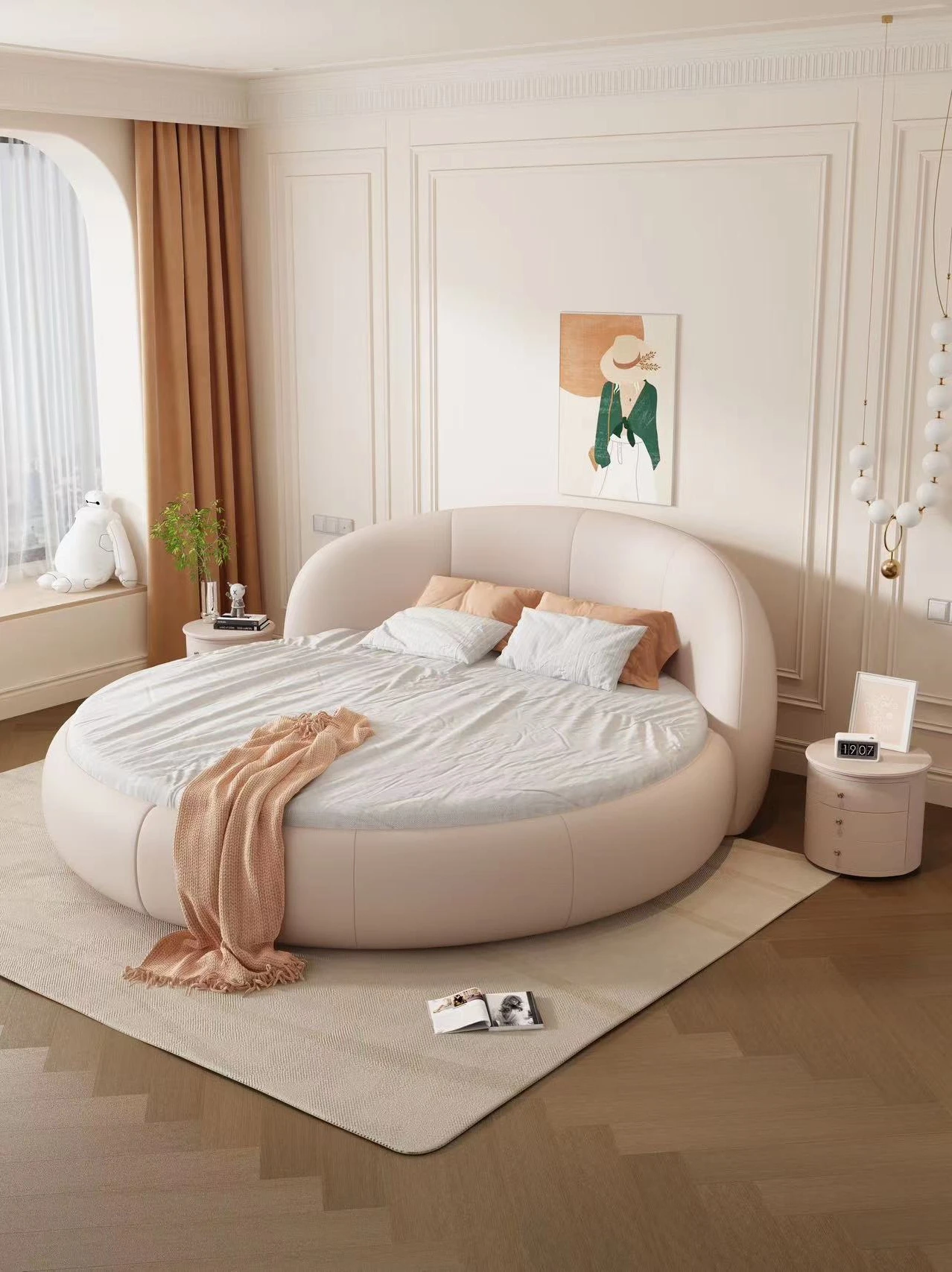 

Round bed leather double bed luxury master bedroom modern simple light luxury cream style high-end hotel romantic couple wedding