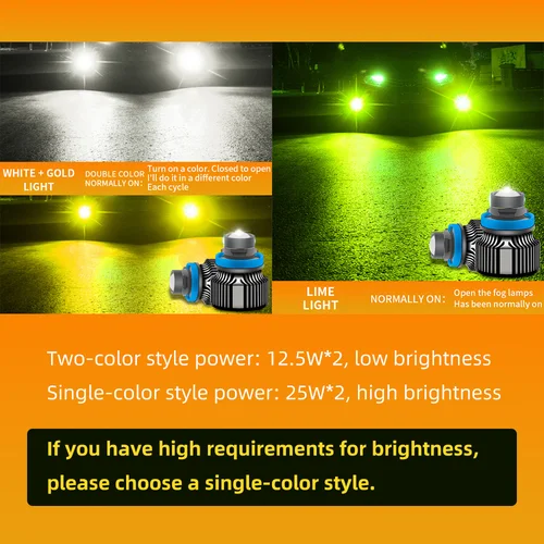 Imagen 2 del producto Flash doble color faro led láser color limón verde h7 h11 9005 9006 50w lente led luz antiniebla amarillo verde blanco bombillas led para coche