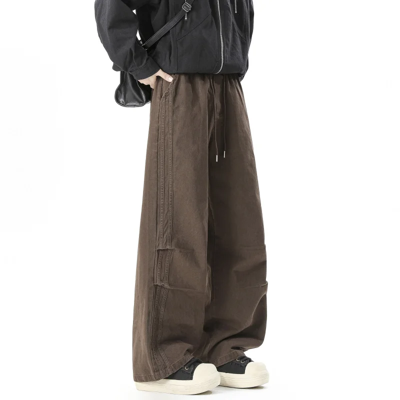 

American Retro Brown Pure Cotton Work Pants Men's Sle Pleated Paratrooper Straight Leg Wide Leg Casual Trousers
