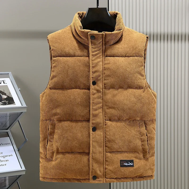 Men Vests Jackets Autumn Winter Warm Sleeveless Coats Stand Collar Padded Waistcoat Solid Color Male Corduroy Zipper Outerwear