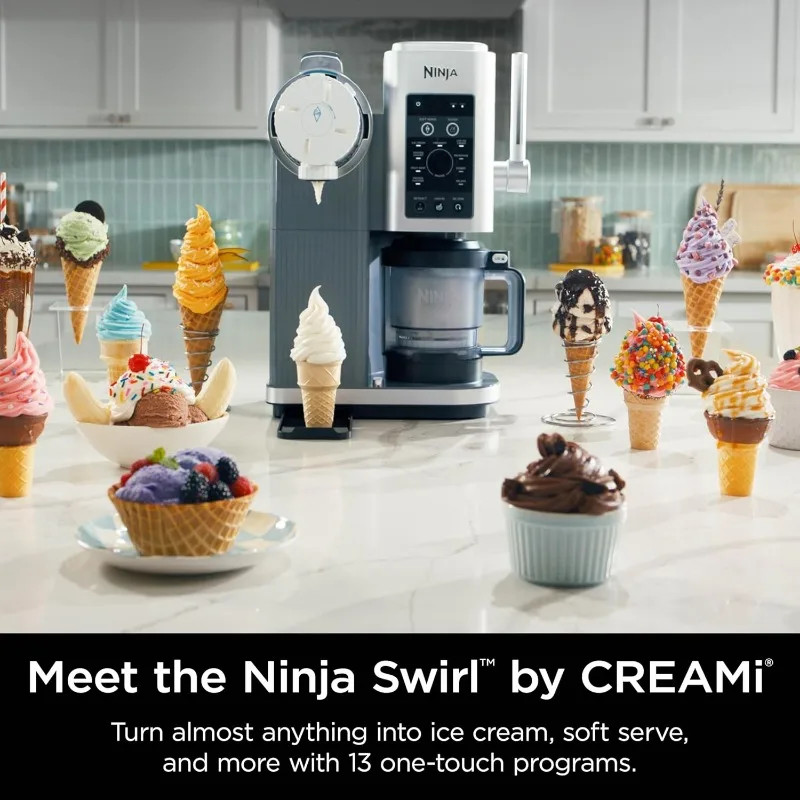 Ninja Swirl من CREAMi Ice Cream وصانعة الخدمة الناعمة، شربات، ميلك شيك، الزبادي المجمد، برنامج منخفض السعرات الحرارية والمزيد، 13 في 1