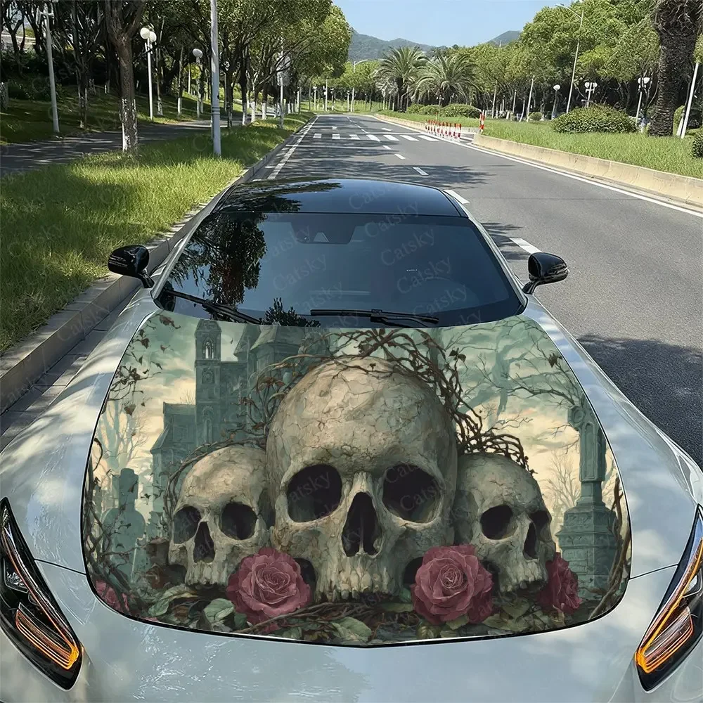 Cemetery Skulls & Roses Car Vinyl Wrap, PVC Waterproof Car Hood Sticker, Self-Adhesive Scratch-Resistant Stickers Engine Cover