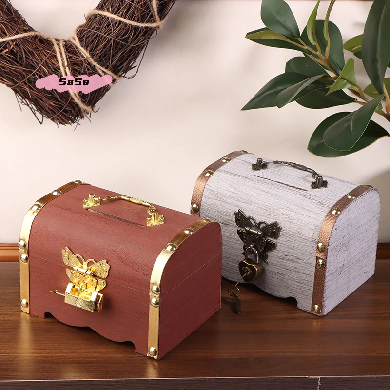 قطعة واحدة من صندوق تخزين صندوق الكنز العتيق مع قفل - حقيبة توفر منظم بنك الخنزير القديم لديكور المنزل #4