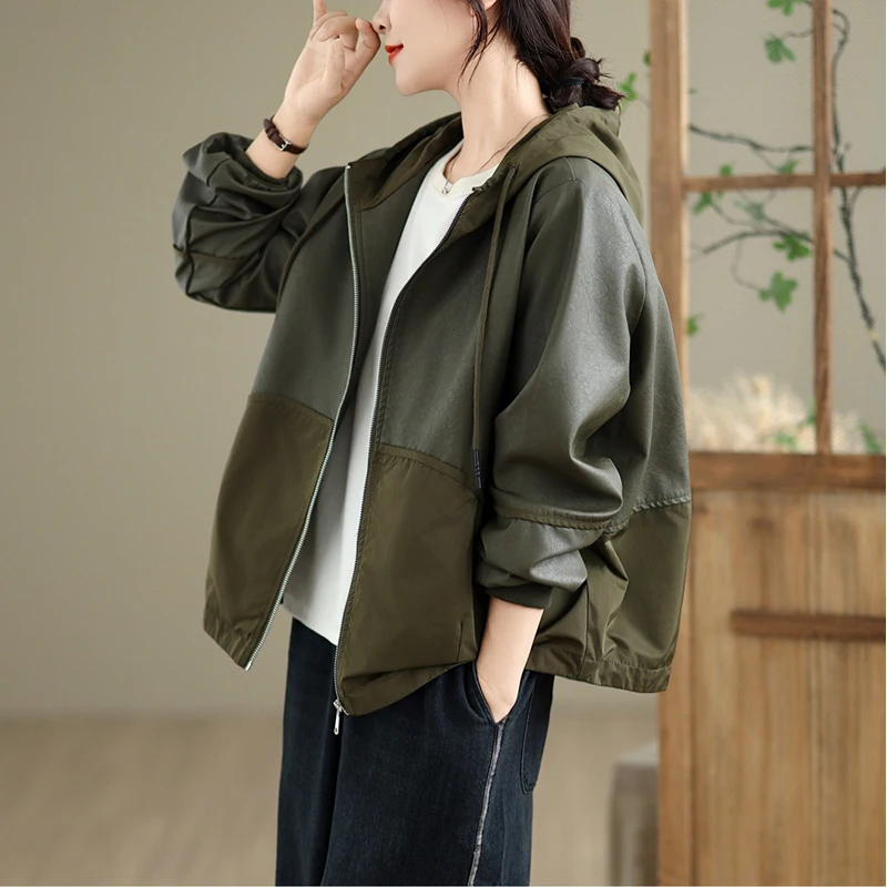 Masss Wasss 2025 Moda donna Patchwork con cappuccio PU Giacche Donna Capispalla allentato Casual Cappotti in ecopelle Giacche a vento vintage