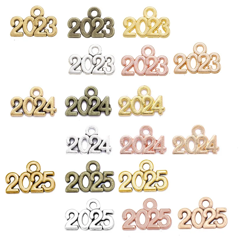 50/60pcs 14*9mm Number 2023&2024&2025 Year Charms Alloy Metal Souvenir Pendant For DIY Handmade Jewelry Pendant Making Wholesale