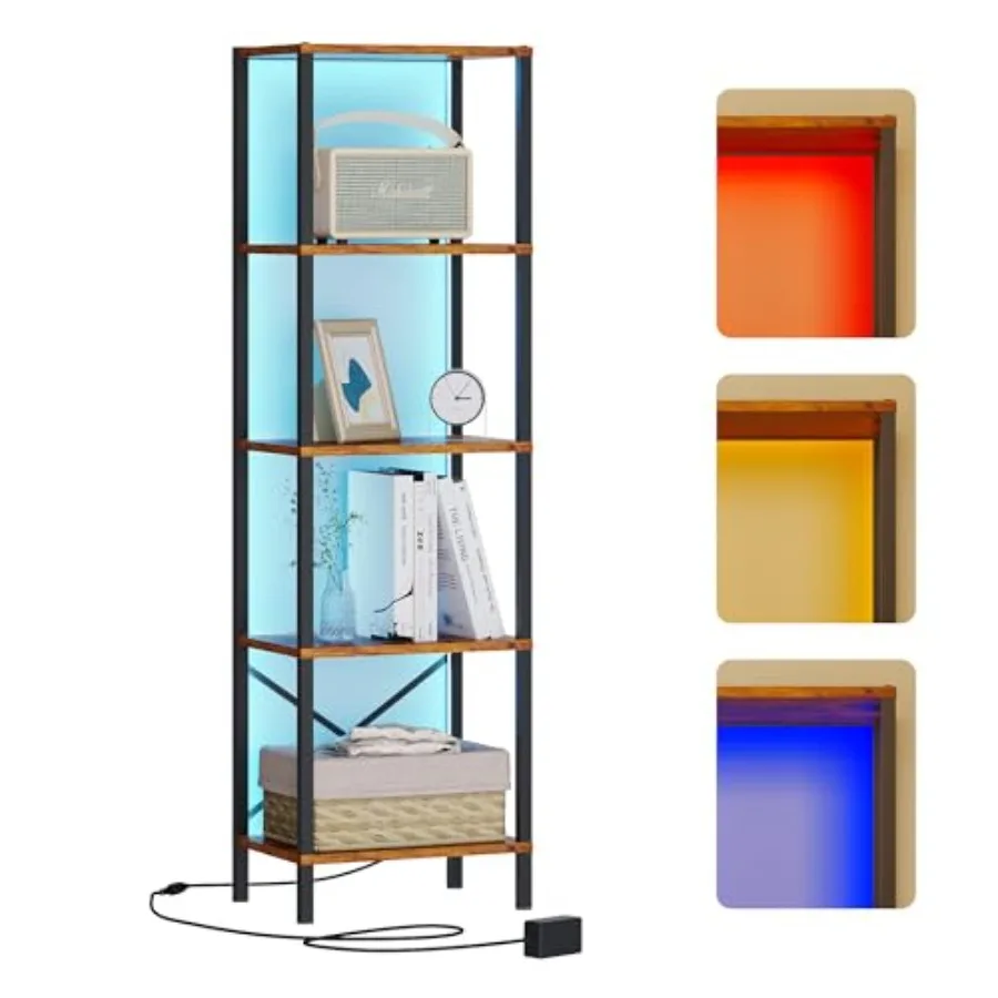 

5-Tier Bookshelf Tall Narrow Bookcase with LED Lights Book Shelf with Steel Frame Office Furniture Display Storage Shelf for Li