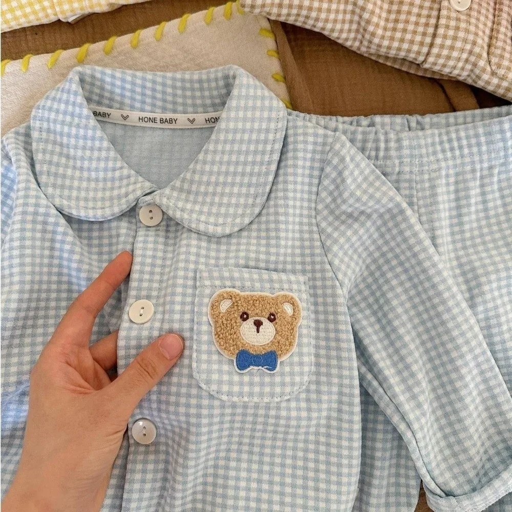 Soft Long Sleeve Pajamas Suits Plaid Printed Pajamas Top Bottom Loungewear Sets Two-Piece Set Children's Sleepwear Home
