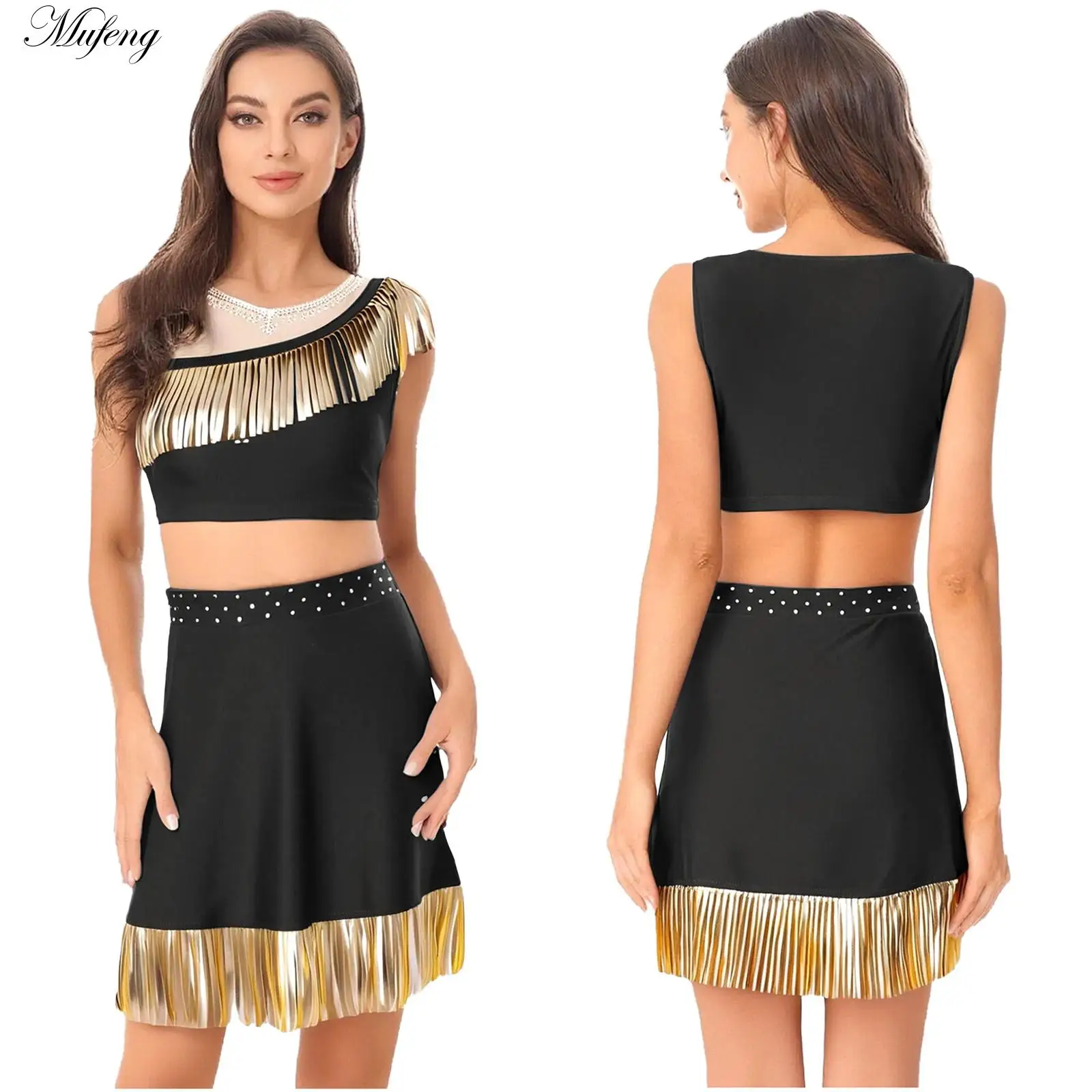 

Women Indian Vintage Crop Tops with Skirts Metallic Tassel Tank Top Miniskirt Set for Anime Cosplay Party Cowgirl Hippies Wear