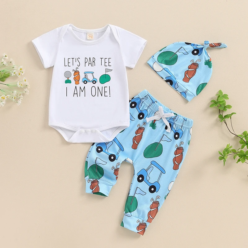 VISgogo Baby Boy First Birthday Outfit Letter Print Short Sleeve Romper Golf Elastic Waist Printed Pants Hat Toddler Summer Set