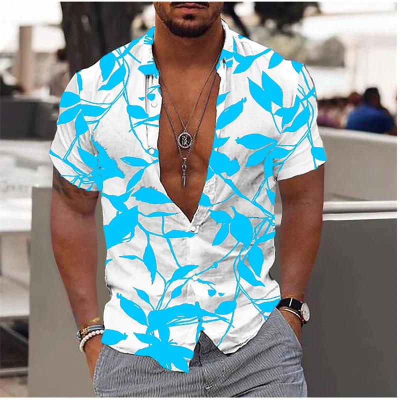 Men's Shirt Summer Hawaiian Shirt Lapel Leaf Print Outdoor Street Short Sleeve Button Clothing Fashion Designer Casual XS-5XL