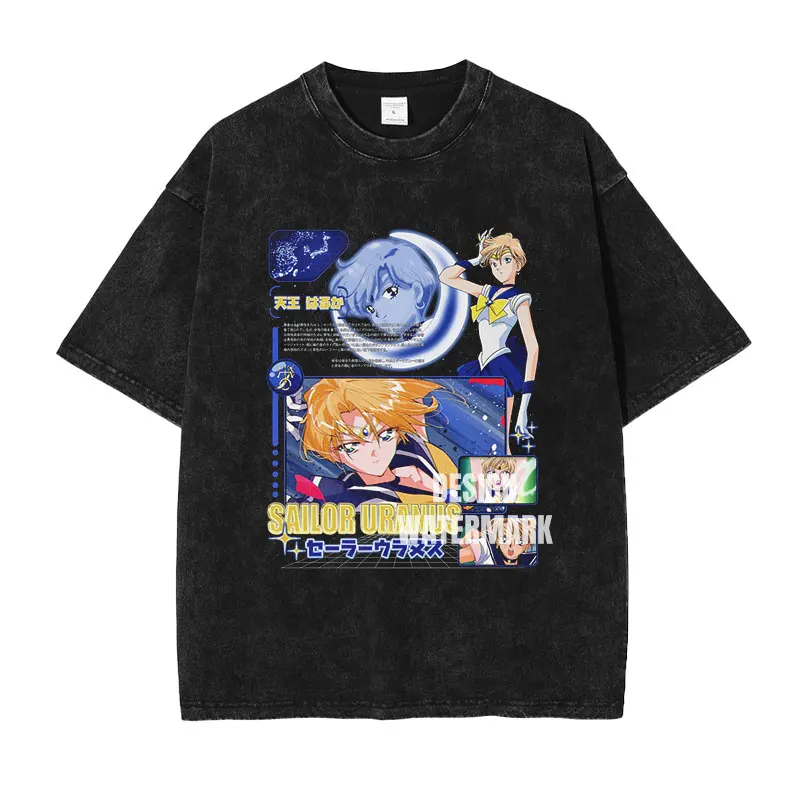 Camiseta Negra Oversize con Lavado Ácido de Sailor Moon Sailor Saturn Hotaru Tomoe, Diseño Gráfico de Anime Streetwear, Verano 2026