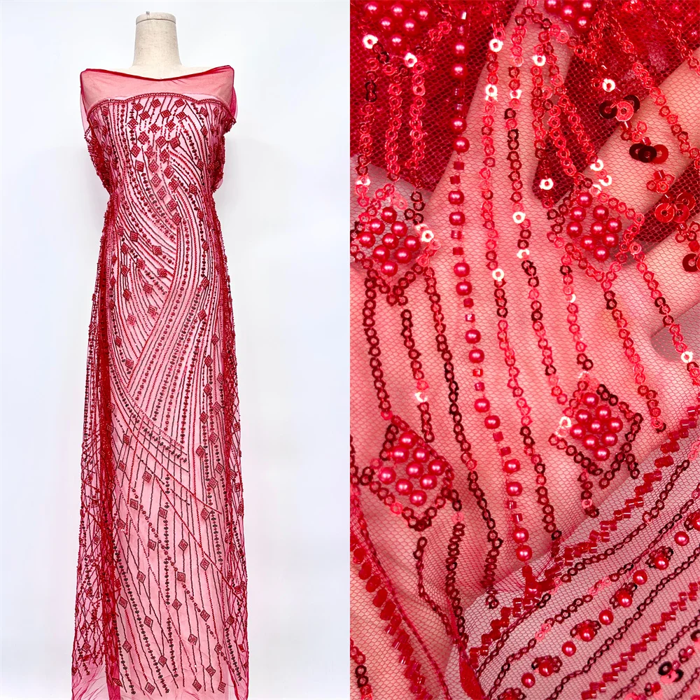 

Красная африканская сетчатая кружевная ткань 2026, высокое качество, расшитая бисером, кружевной материал с блестками, французский нигерийский материал для женщин, рождественская вечеринка, свадьба