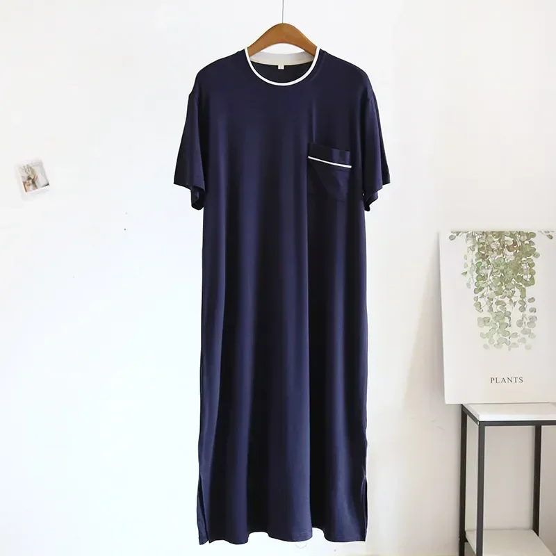 Camisón de manga corta para hombre, ropa de dormir de una pieza, vestido Modal de longitud media para el hogar, Verano