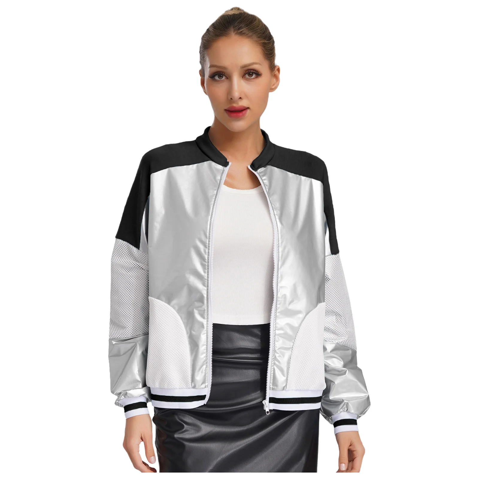 Women Fashion Racing Speeding Shiny Jacket Coats Long Sleeve Hollow Out Mesh Patchwork Coat for Daily Casual Thin Outerwear