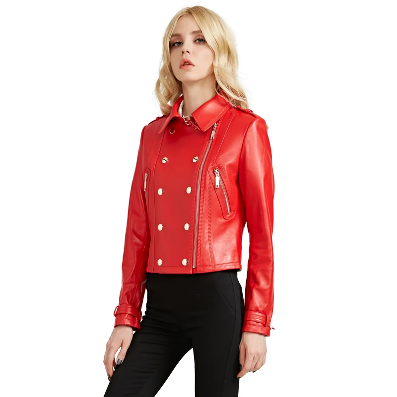 Abrigo de motocicleta de cuero genuino para mujer, Chaqueta corta de piel de cordero roja grande, doble botonadura, piel de oveja Real, Primavera, nuevo