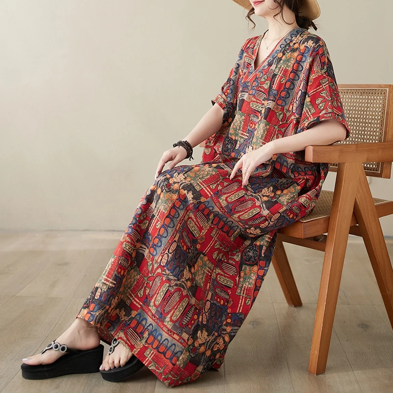 

High-End Anti-Aging Summer V-Neck Cotton Lin Loose Long Beach Skirt Women's Holiday Style Loose Fit Artistic Large Size Dress