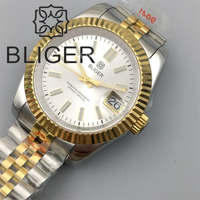BLIGER 36mm/39mm Watch For Men NH35 Automatic White Dial Silver Gold Index Blue AR Coating Sapphire Glass Lens10Bar Waterproof