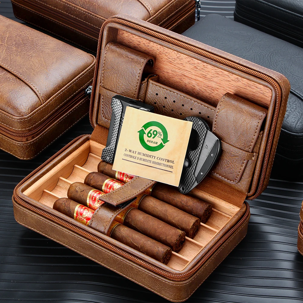 GALINER Cigar Humidor Box Travel Leather Cigar Case Cedar Wood Lined W/wo Lighter Cigar Cutter Humidifier Bag For Humidor