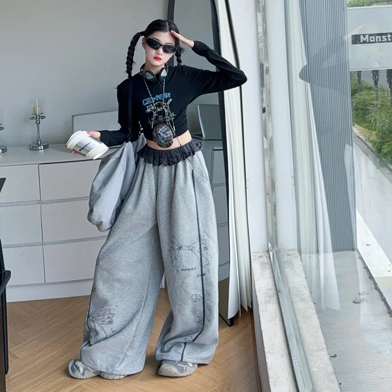 

Korean Autumn Teenager Girls 2pcs Outfit Kids Girls Letter Printed Round Neck T-shirt Children Girls Patchwork Wide Leg Pant