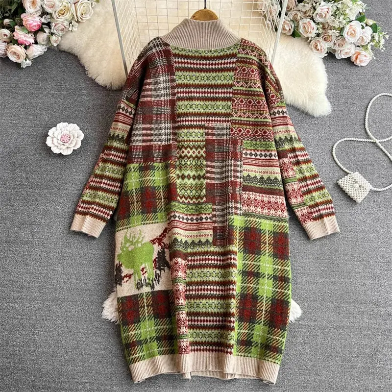 Retro Ethnic Style Sweater Coat Women\'s Autumn Winter Oversized Stand Neck Single Breasted Knitted Jacquard Dress Cardigan Z2860