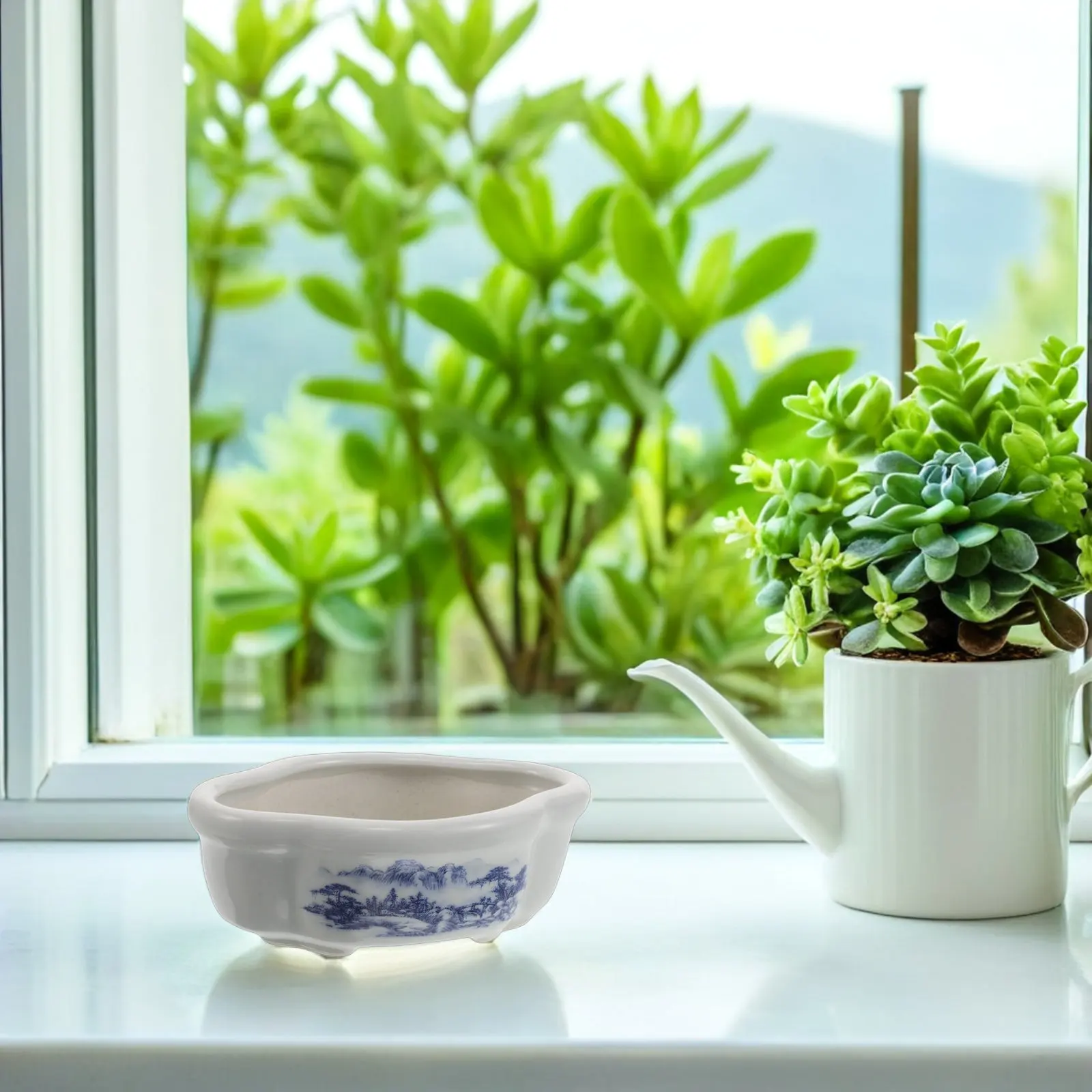 Blue and White Vintage Ceramic Flowerpot Porcelain Planter Indoor Lotus Pot Desktop Succulents Size 3.9x5.1x1.8 Decorative
