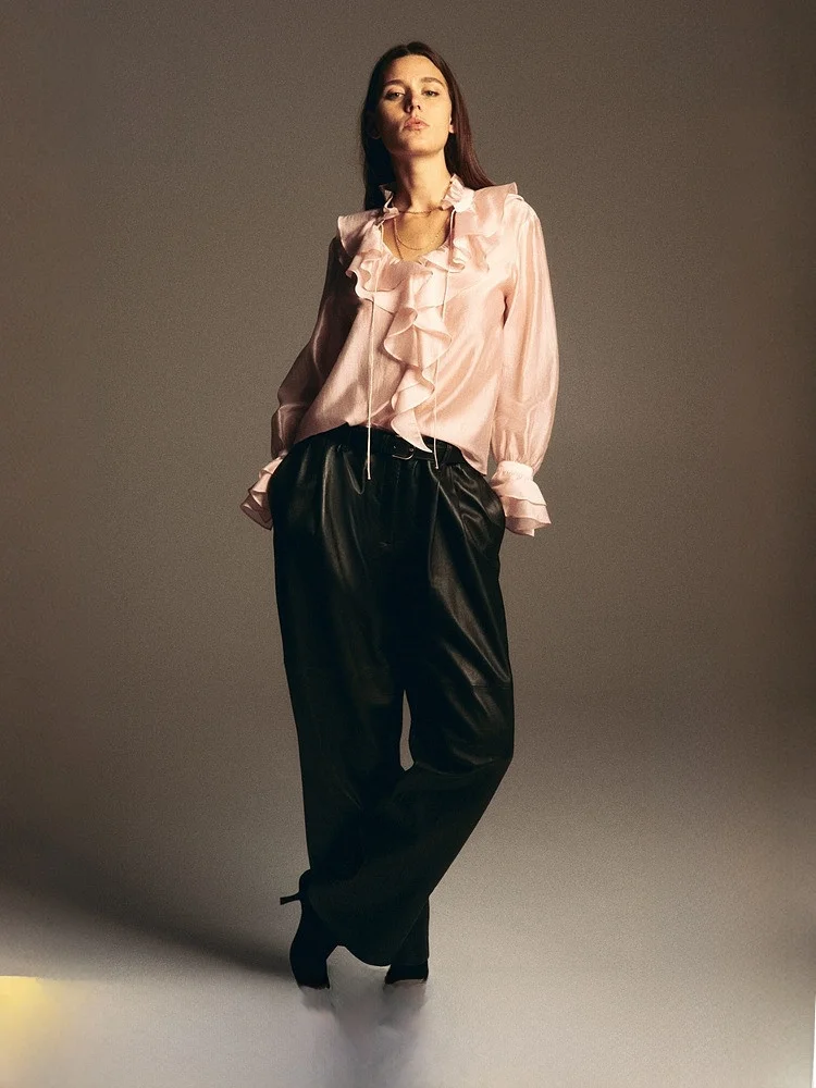 

Elegant Style Women's Shirt Bordered Hemline Long Sleeve V-Neck Polyester Rayon Blend Summer New Arrival H&M 1309875