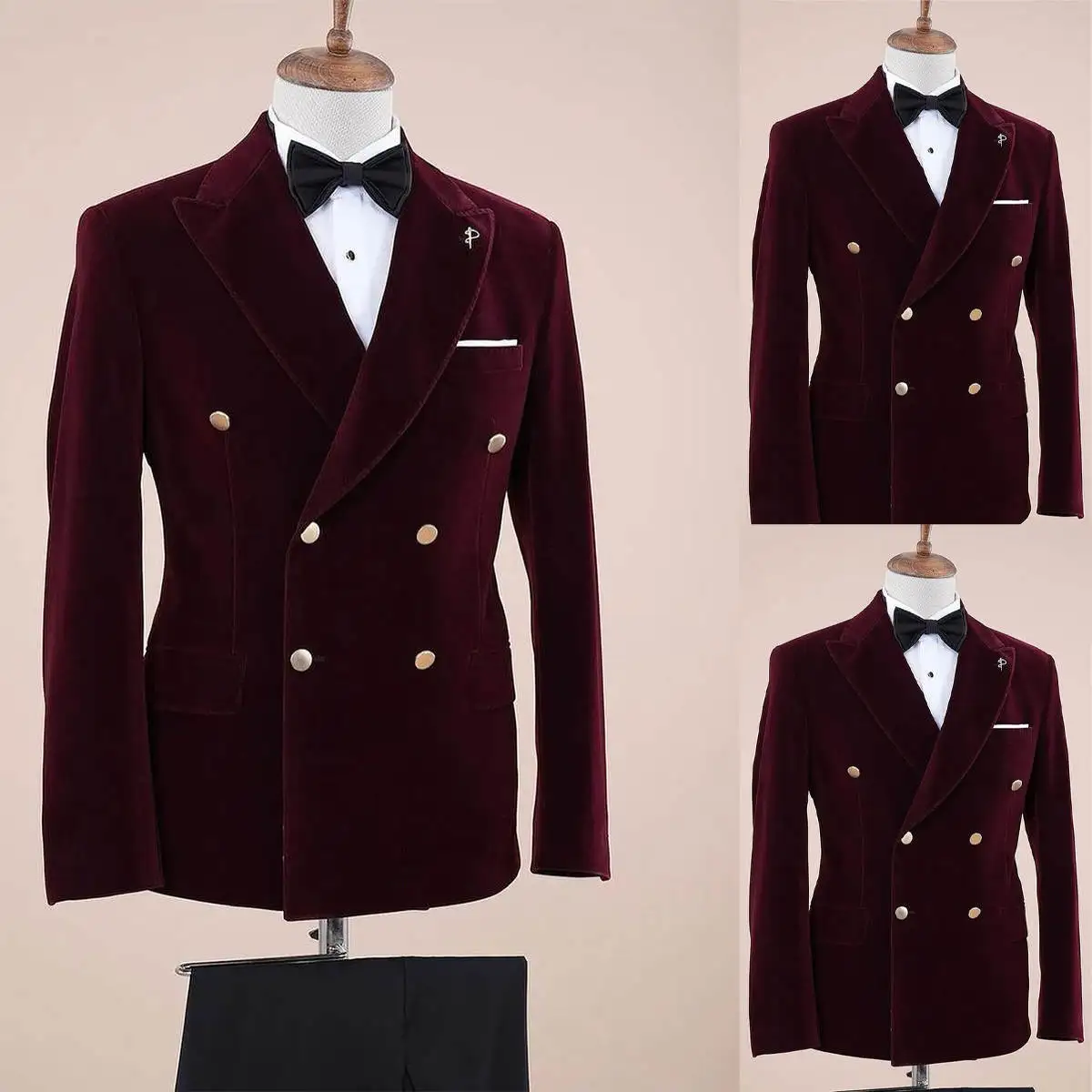 

Red Wine Flat Velvet Men's Slim Fit Two-Piece Suit Busin Casual Double Row Buttoning Faionable for Banquet Wear