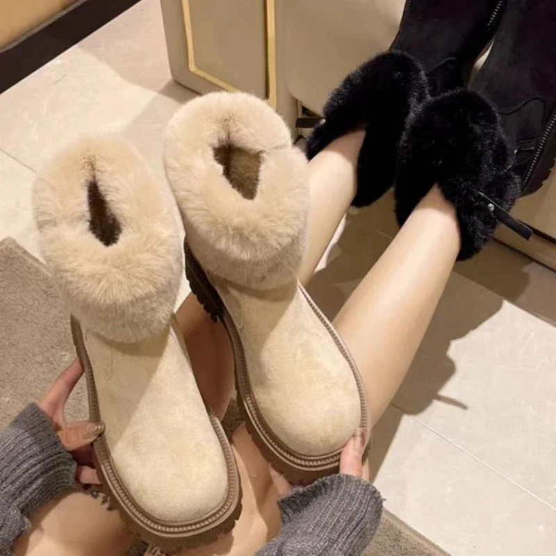 Women Ankle Warm Snow Boots Fur Flats Platform Shoes Winter New Suede Short Plush Cotton Shoes Fashion Brand Casual Mujer Botas