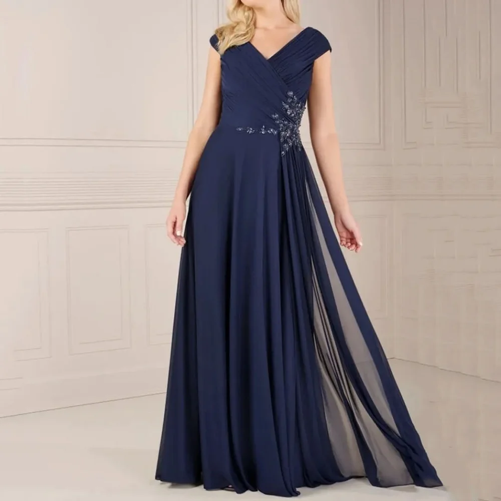 Vestidos para madre personalizados con cuello en V, vestido de fiesta de novia con mangas casquillo, vestidos formales elegantes de cristal, batas invitée mariage