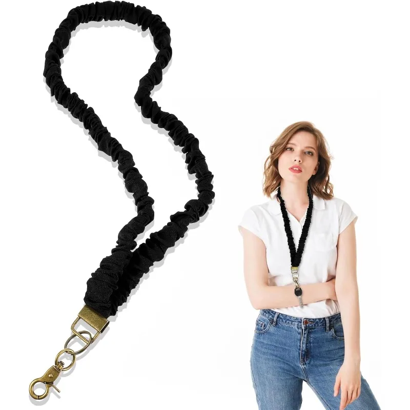 Black Key Lanyard, Cute Elastic Lanyard, Extendable Keychain, Ladies' ID Card Badge Holder, Key Wallet, Practical and Convenient
