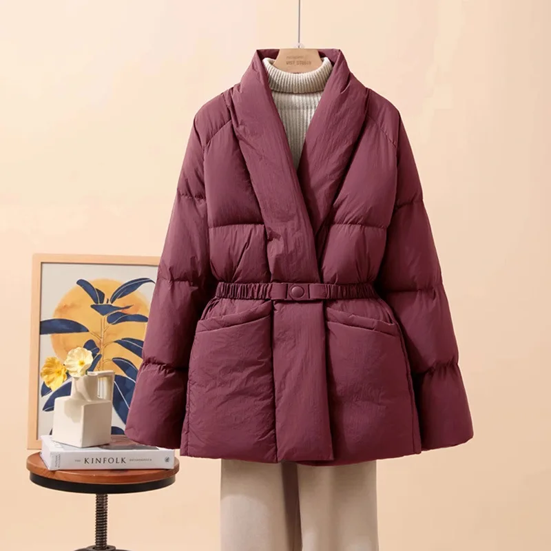 Halflange donsjas voor dames met V-hals - Nieuwe herfst-/winterstijl Modieuze taille met riem, losse pasvorm, warme jas Trendy