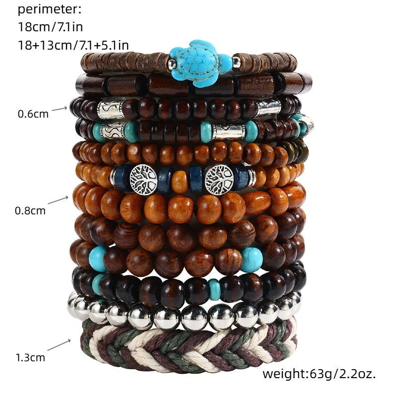 Retro Bohemian National Style String Wooden Bead Turtle Elastic Bracelet 12-Piece Pair Bracelet Creative Bracelet Jewelry Set