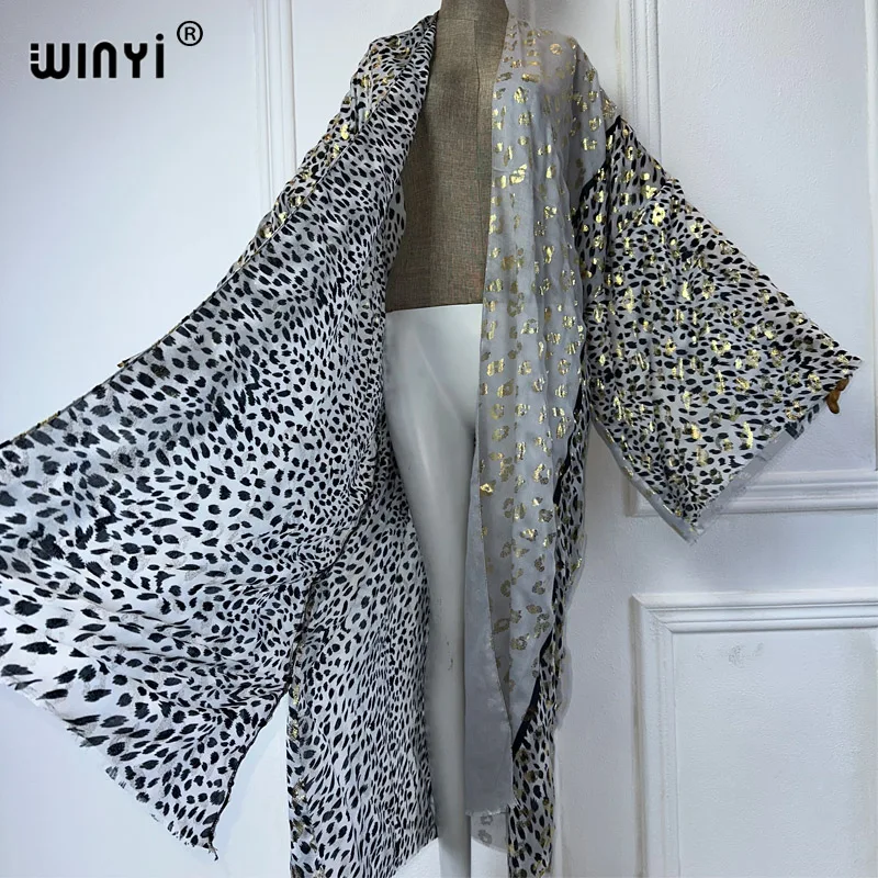 WINYI Kimono Women leopard Print Hot stamping cardigan Female kaftan abaya dubai luxury beach Cover Up boho clothing party dress