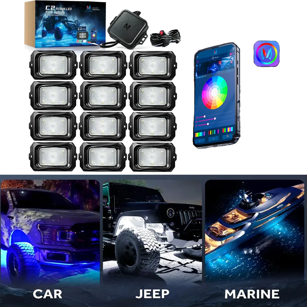 MICTUNING Updated C2 12 Pods RGBW LED Rock Lights  With Kit Wireless App Controller Music Mode  Multi-colour For Truck Boat car