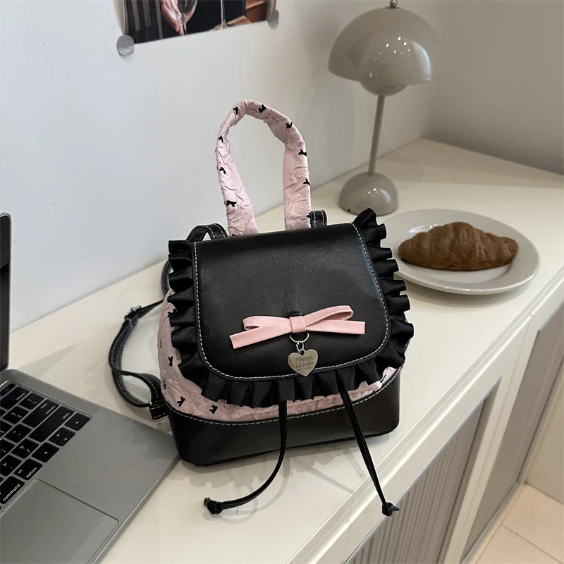 Exquisiter modischer Damen-Rucksack im Ballett-Stil, koreanischer INS, trendige Schleife, gepunktet, Spitzenbesatz, kleine Eimertasche für die tägliche Reise