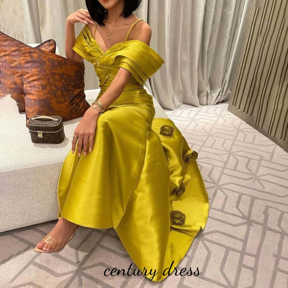 Vestido de noche personalizado con cuello en V, precioso vestido de satén con tirantes finos para graduación, vestido Formal de flores para ocasión, bata de fiesta