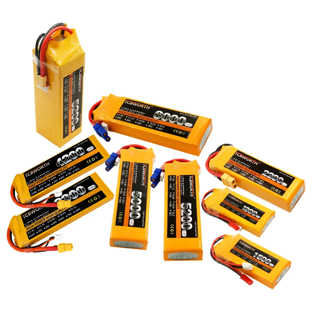 TCBWORTH 7.4V 11.1V 14.8V 22.2V RC LiPo Battery 2200 3300 4200 5200 6000 10000mAh 25C 35C 60C For RC Airplane Drone Quadrotor