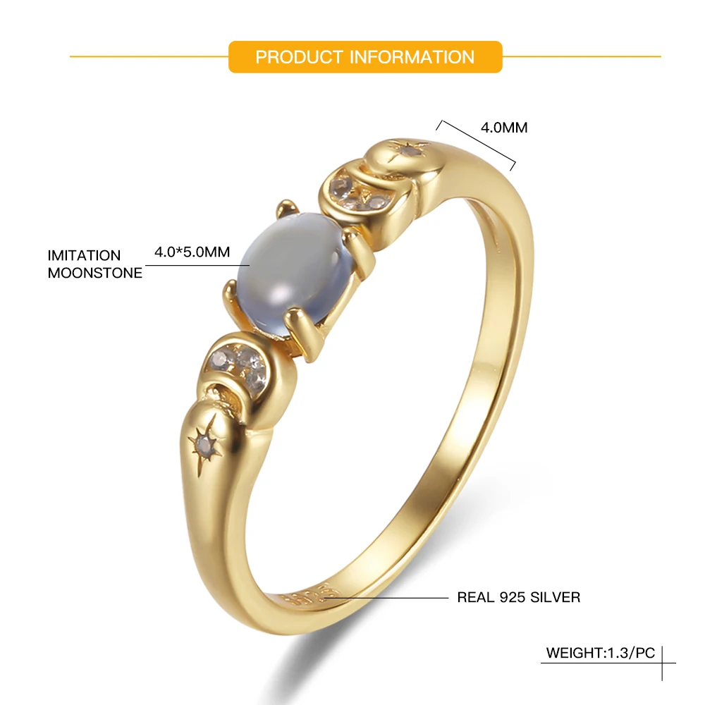 Retro 925 Sterling Silver Oval Moonstone Ring Moon&Star Gold Color Plated for Women Female Engagement Wedding Band Jewelry Gift