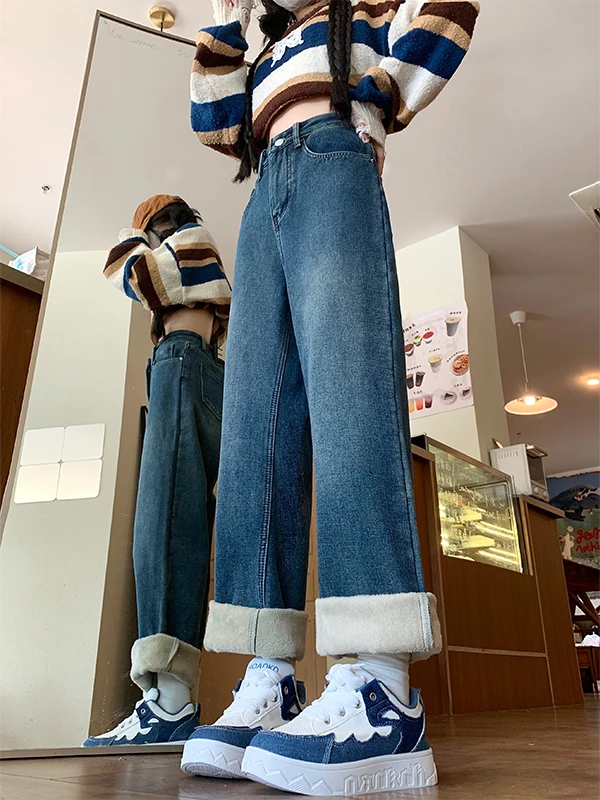 

Women's High Waist Fce Lined Thi Straight Leg Jeans Spring Loose Slimming Wide Leg Pants Comfortable plus Size Denim